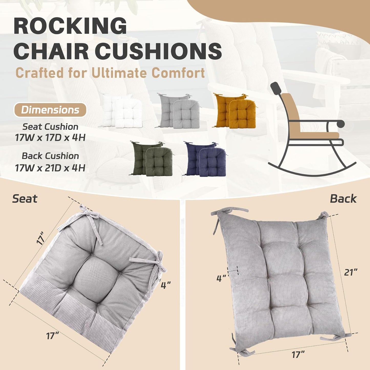 Rocking Chair Cushion with Ties Non-Slip Outdoor Rocking Chair Cushion Set Waterproof Fade-Resistant Porch Garden Patio Glider Rocker Cushions