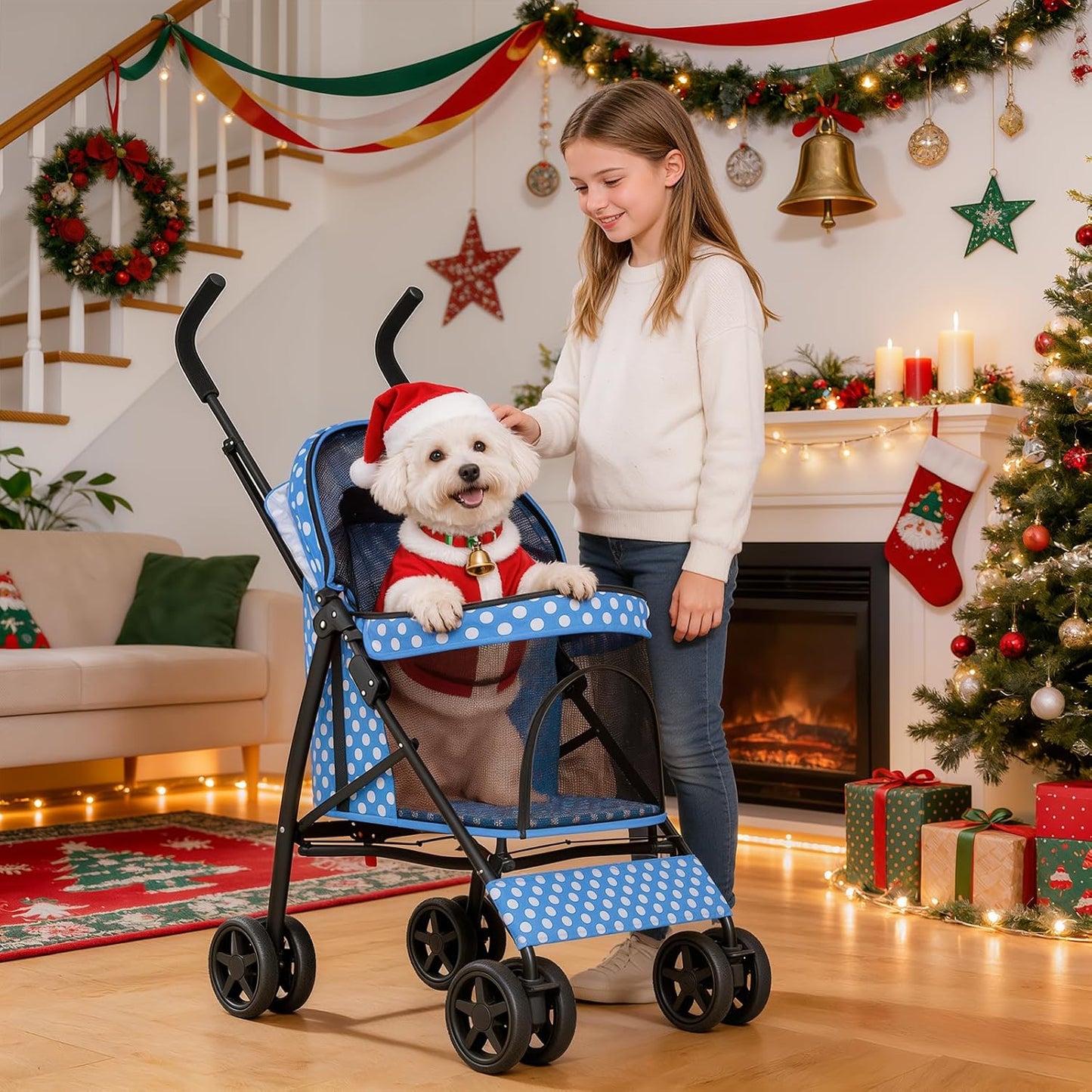 MoNiBloom 4 Wheels Pet Stroller, Easy-Fold Puppy Cage Jogger Stroller with Sun Cover, Pad and Rear Storage Bag, Breathable and Visible Mesh for Small/Medium Pets up to 22 lbs, Black