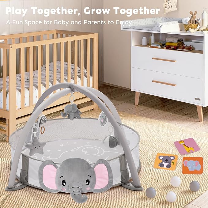 7-in-1 XL Large Baby Play Gym Mat, Tummy Time Mat, Baby Gym & Ball Pit, Baby Activity Mat with Milestone Cards & 6 Detachable Toys for Sensory Motor Skill, Elephant