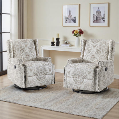 UIXE Swivel Glider Recliner Chair for Adults, High Back Nursery Rocker Floral Upholstered Armchair for Living Room, Manual Reclining Rivet Trim Sofa Lounge with Deep Seat in Fabric - Navy Blue