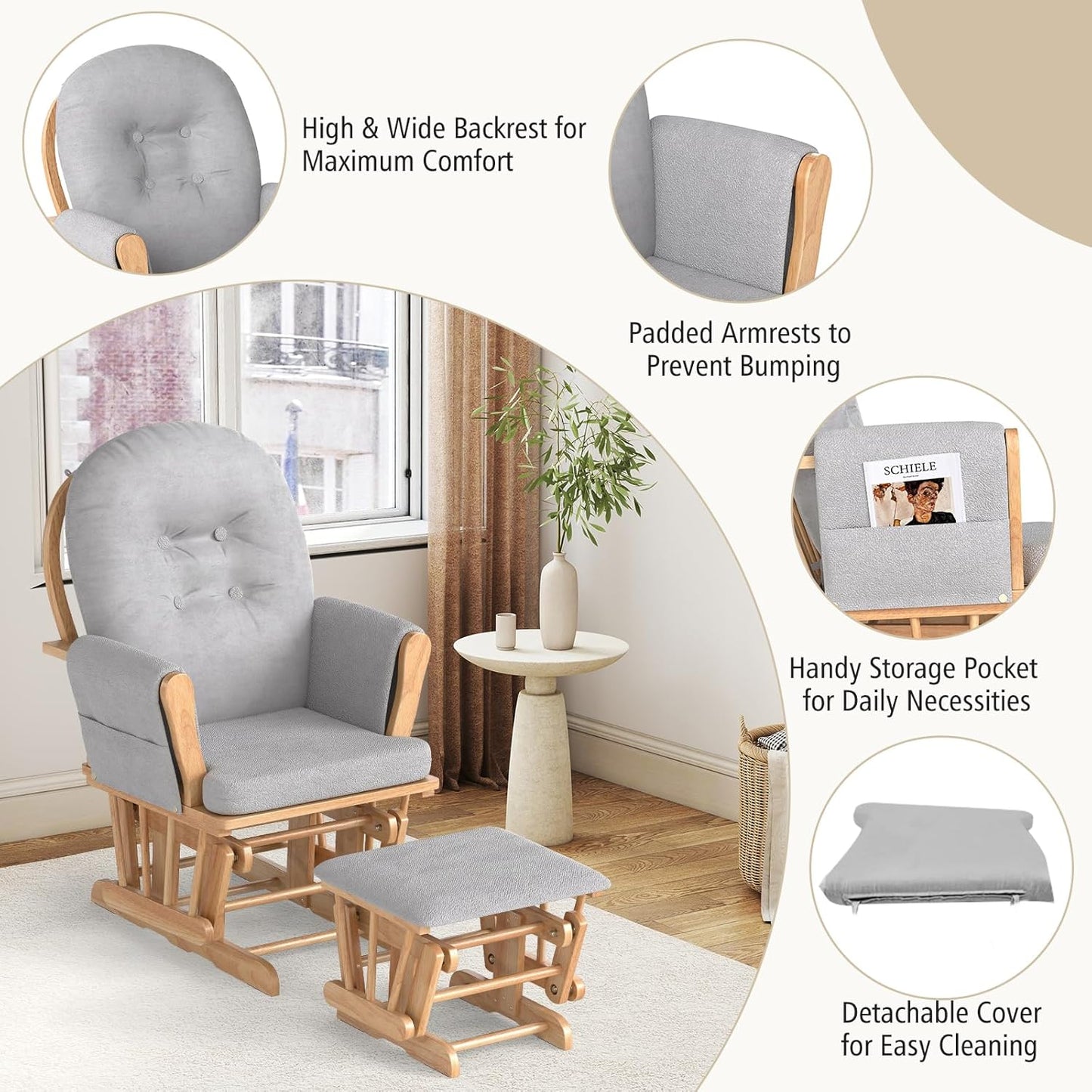 Costzon Nursery Glider with Ottoman, Upholstered Comfort Glider Rocker with Padded Cushion, Storage Pocket, Solid Wood Base, Rocking Chair Nursery for Breastfeeding, Napping (Light Gray)