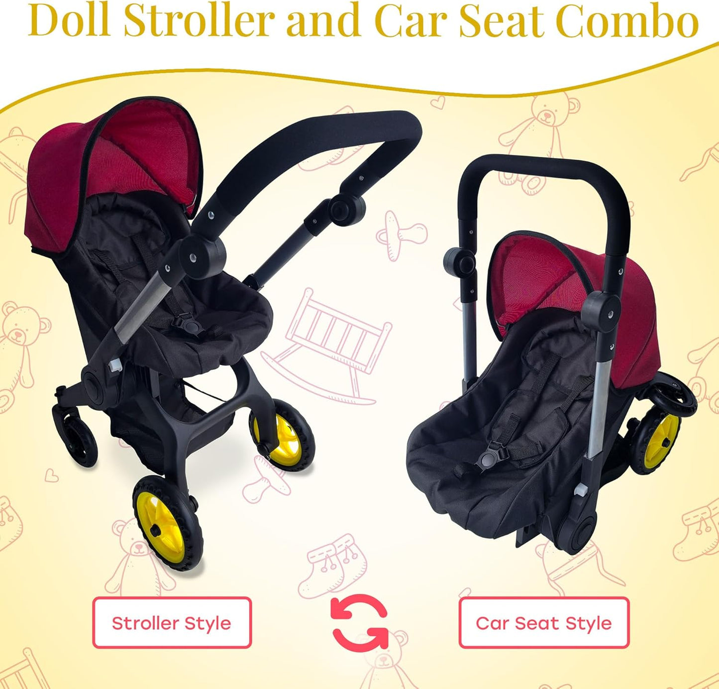 Baby Doll Car Seat Stroller Combo – Convertible 2 in 1 Doll Stroller and Car Seat for Kids – Fits Up to 20” Dolls – Play Toy Baby Stroller with Adjustable Handle for Girls Toddlers All Ages (Black)