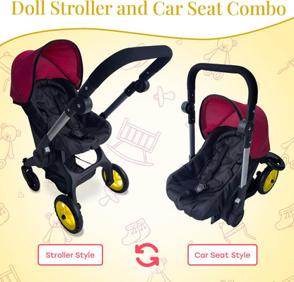 Baby Doll Car Seat Stroller Combo – Convertible 2 in 1 Doll Stroller and Car Seat for Kids – Fits Up to 20” Dolls – Play Toy Baby Stroller with Adjustable Handle for Girls Toddlers All Ages (Black)
