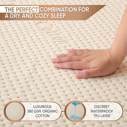Luxury Waterproof Organic Mattress Protector Queen Size - Organic Cotton Breathable Mattress Pad Cover - Premium 380 GSM 3D Air Fabric - Deep Pocket - Jersey Cotton Skirt - Fitted Design