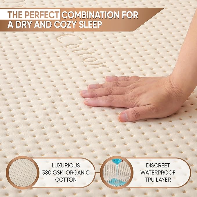 Luxury Waterproof Organic Mattress Protector Twin XL Size - Organic Cotton Breathable Mattress Pad Cover - Premium 380 GSM 3D Air Fabric - Deep Pocket - Jersey Cotton Skirt - Fitted Design