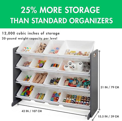 Humble Crew Toy Storage Organizer with 16 Removable Storage Bins for Kids Playroom, 4-Tier Toddler Toy Organization and Storage, Dark Grey/White
