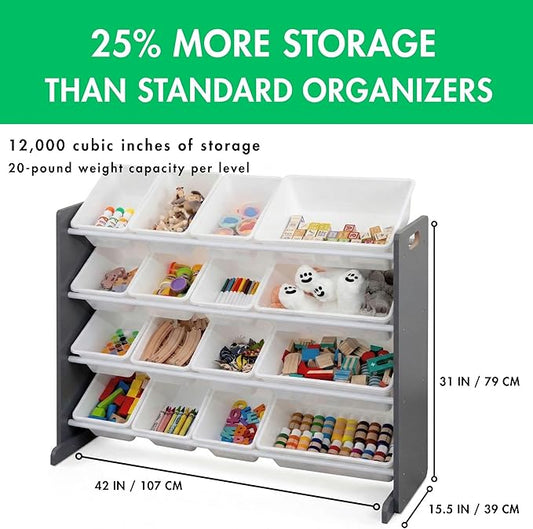 Humble Crew Toy Storage Organizer with 16 Removable Storage Bins for Kids Playroom, 4-Tier Toddler Toy Organization and Storage, Dark Grey/White