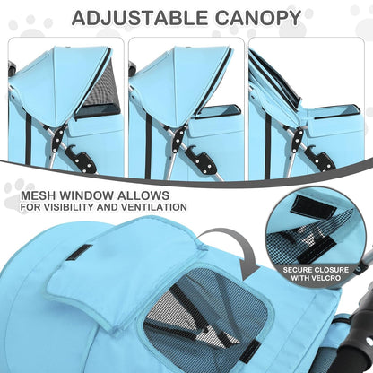 MoNiBloom Foldable Pet Stroller with Weather Cover, 3 Wheels Pet Strolling Cart for Small/Medium Dogs and Cats with Storage Basket and Cup Holder, Breathable and Visible Mesh for All-Season, Black
