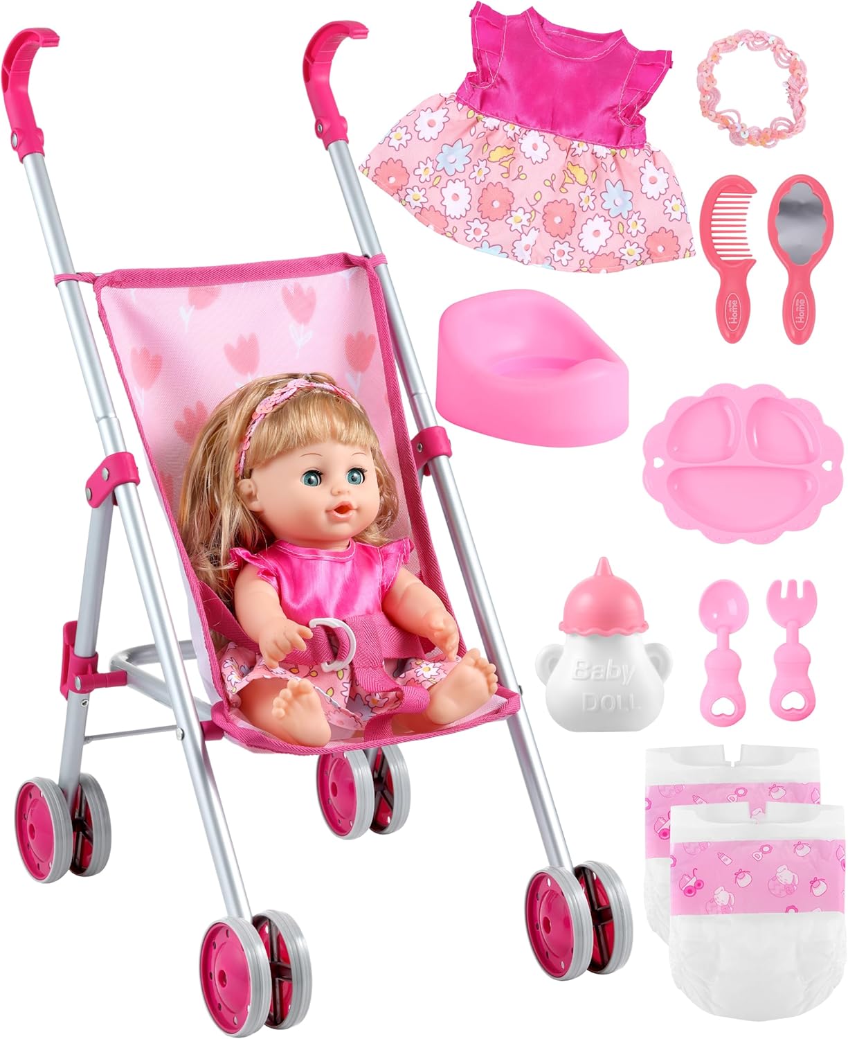 GAGAKU Baby Doll Stroller for Toddlers, Foldable Toy Stroller with Storage Basket and Bag, Diapers - Reborn Doll Accessories for Girls & Kids Ages 3+, Pink