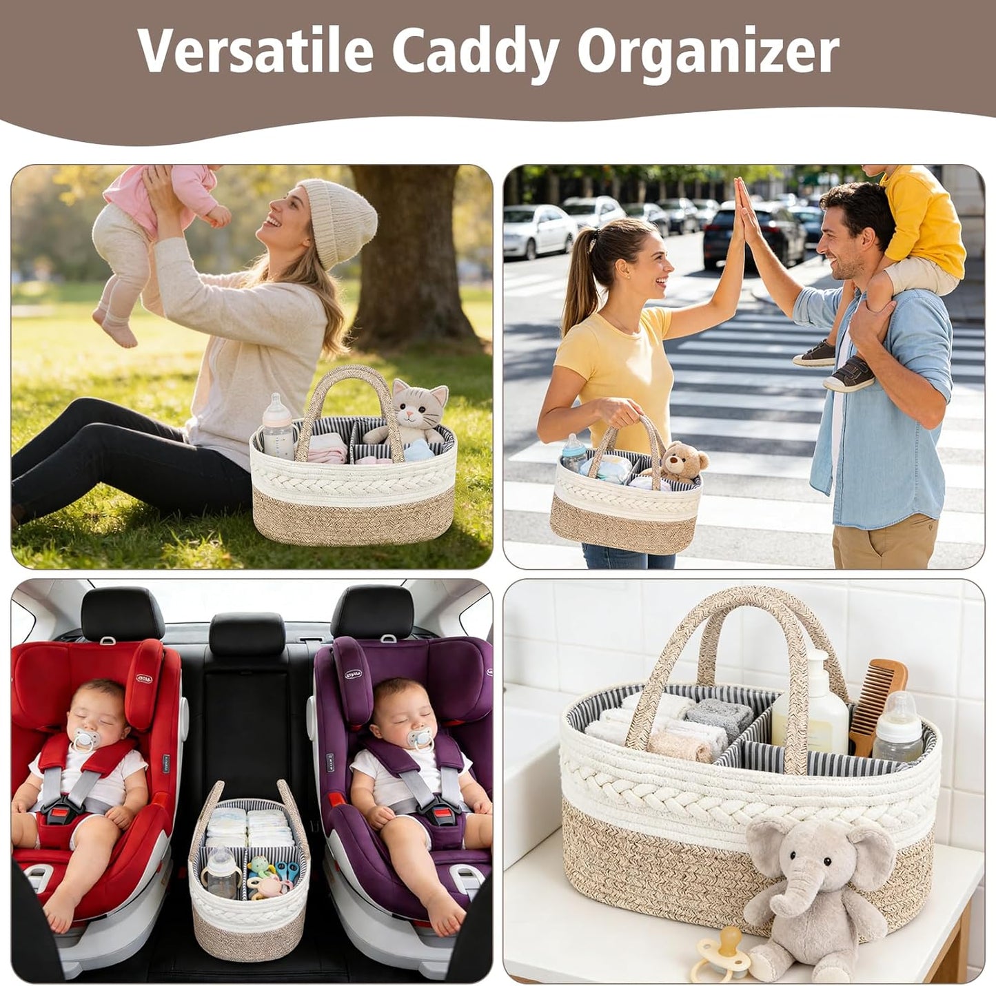 Diaper Caddy Organizer, Cotton Rope Baby Basket for Nursery and Changing Table, Portable Diaper Caddy with Removable Divider for Newborn Parents, Home and Car Travel, White and Brown
