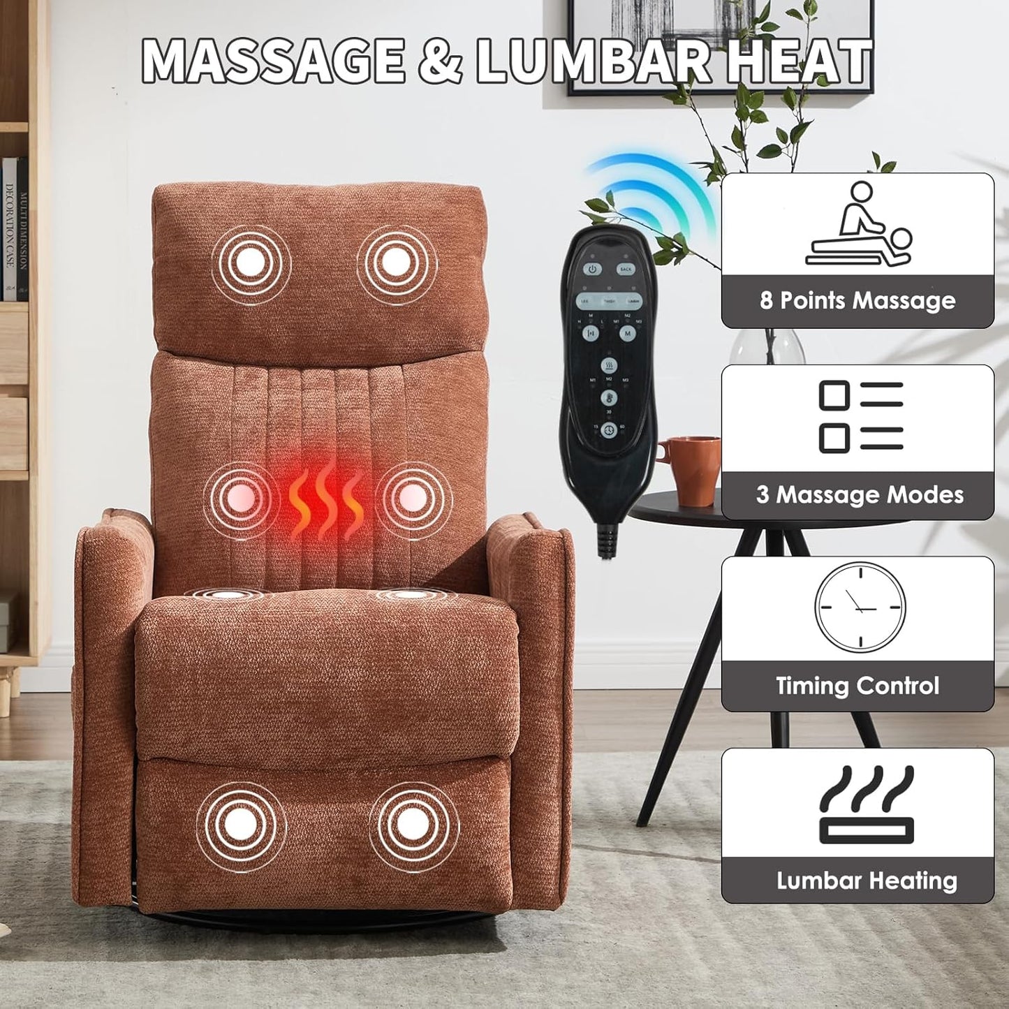 Trustyue Swivel Rocker Recliner Chair, 360° Swivel Recliner with Heat and Massage, Rocker Recliner Nursery Glider Chair with Side Pockets for Living Room (Beige, Fabric)