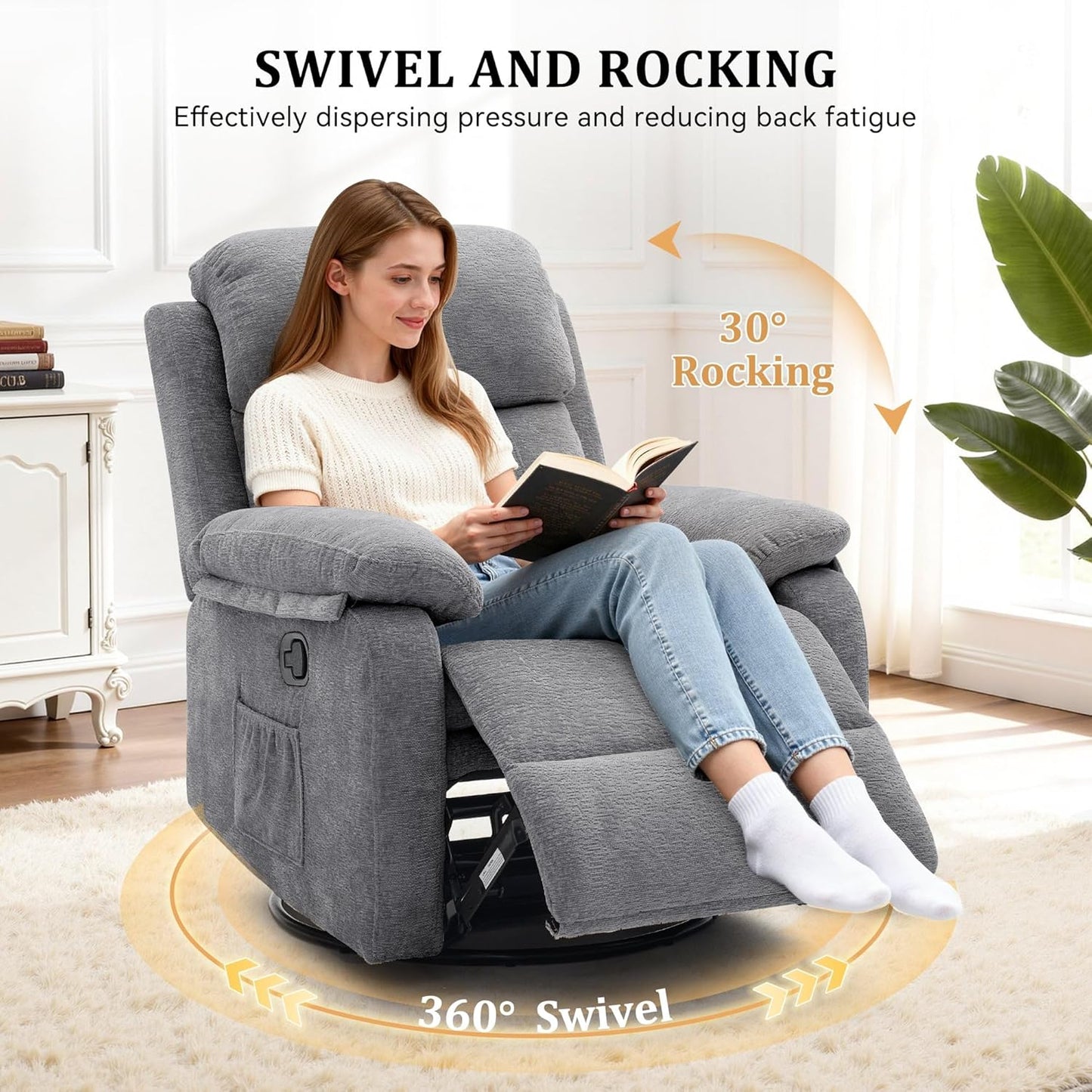 Korser Recliner Chair, 360 Swivel Rocker Chair for Adults, Small Rocking Recliner for Small Spaces, Upholstered Fabric Glider Recliner Nursery