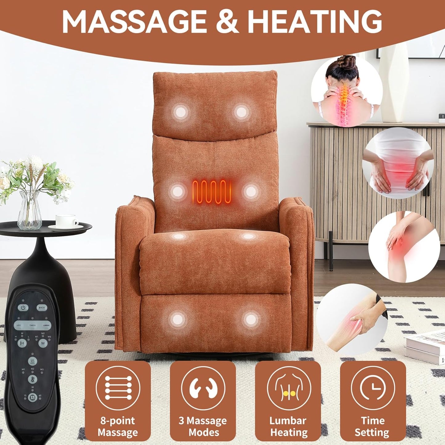Massage Chair Recliner with Heat, Swivel Rocking Chair Recliner with High Back, Manual Nursery Recliners for Adults,Small Recliner Chair for Small Spaces, Living Room Bedroom, Fabric (Blue Green)