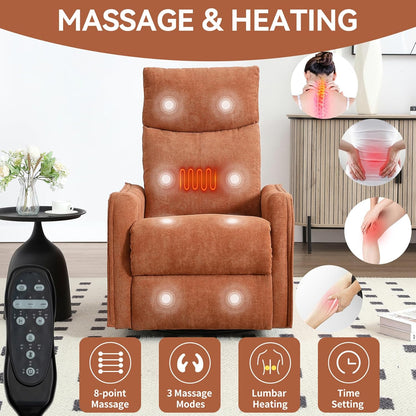 Massage Chair Recliner with Heat, Swivel Rocking Chair Recliner with High Back, Manual Nursery Recliners for Adults,Small Recliner Chair for Small Spaces, Living Room Bedroom, Fabric (Blue Green)