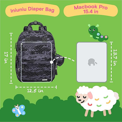 iniuniu Diaper Bag Backpack, 4 in 1 kit Large Unisex Baby Bags for Boys Girls, Waterproof Travel Back Pack with Pouch