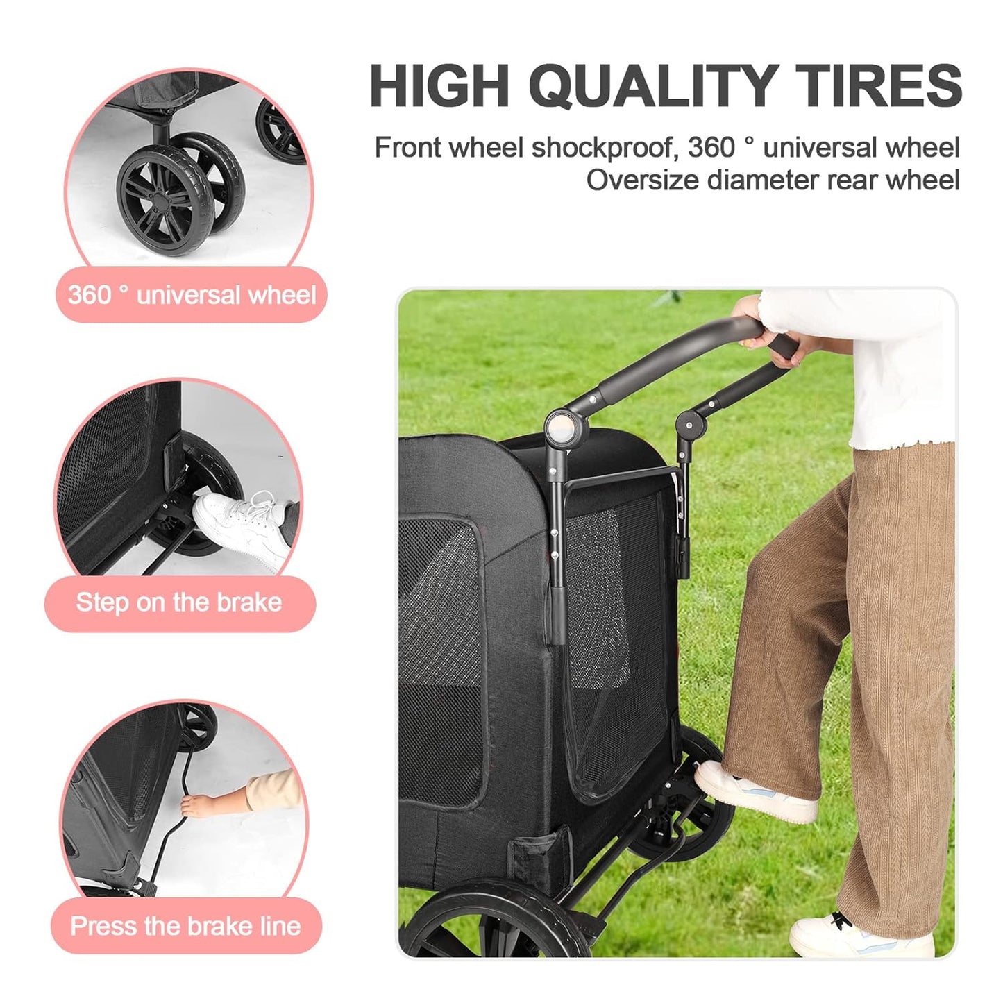 Large Dog Travel Stroller with 4 Heavy Duty Wheels Pet Stroller with Adjustable Handle - Double Doggie Capacity Jogger Wagon with Back Front Door for Small Medium Large Dogs (Dark Light Gray)