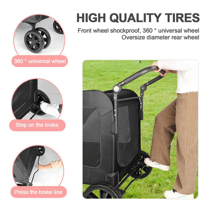 Large Dog Travel Stroller with 4 Heavy Duty Wheels Pet Stroller with Adjustable Handle - Double Doggie Capacity Jogger Wagon with Back Front Door for Small Medium Large Dogs (Dark Light Gray)
