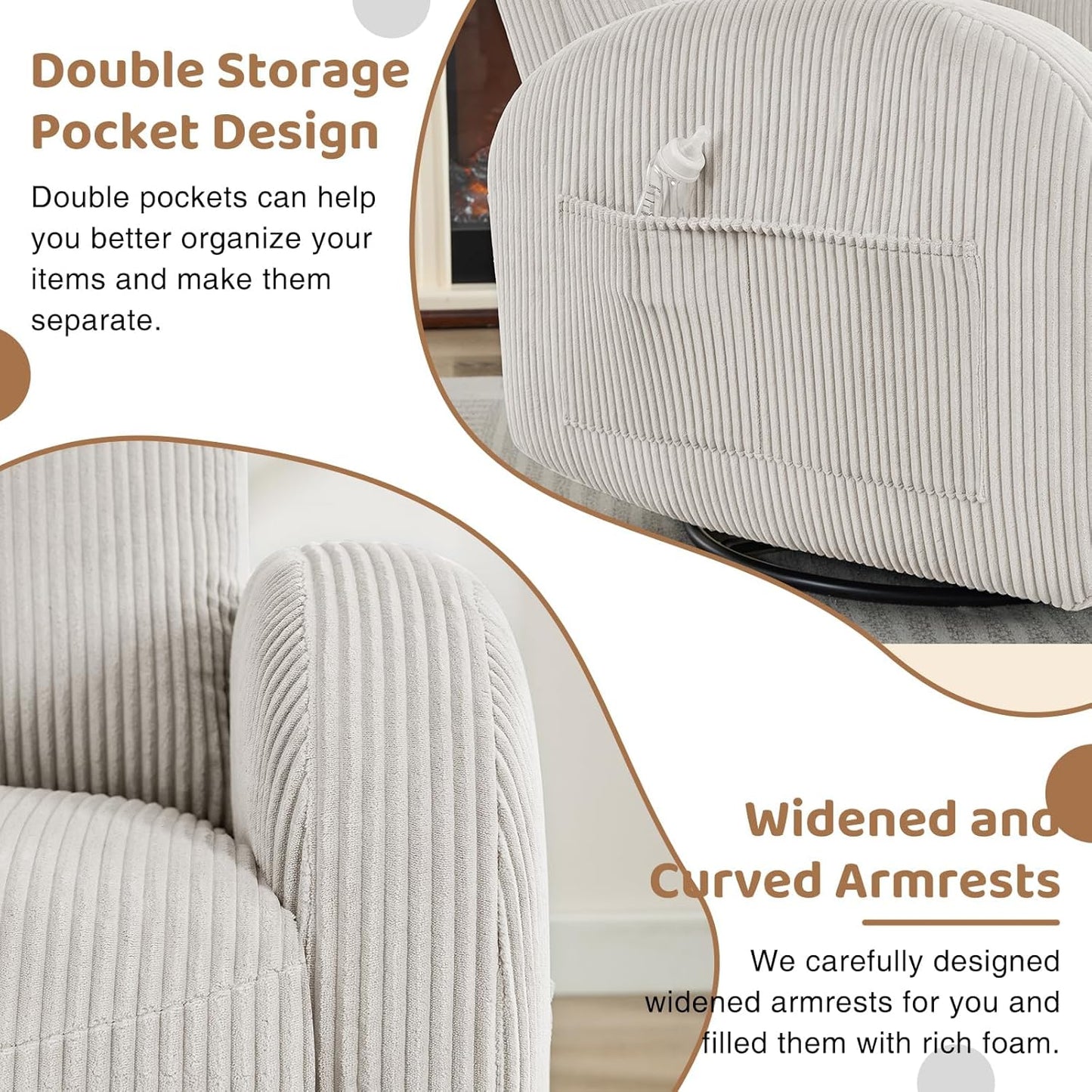 Swivel Rocker Recliner Chair, Rocking Recliner for Nursery with Side Pockets, Manual Swivel Reclining Nursery Glider Chair for Breastfeeding Living Room, Camel Chenille