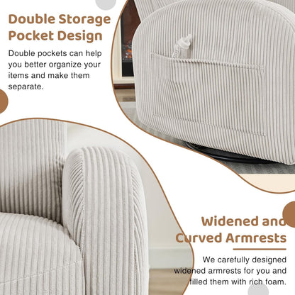 Swivel Rocker Recliner Chair, Rocking Recliner for Nursery with Side Pockets, Manual Swivel Reclining Nursery Glider Chair for Breastfeeding Living Room, Camel Chenille