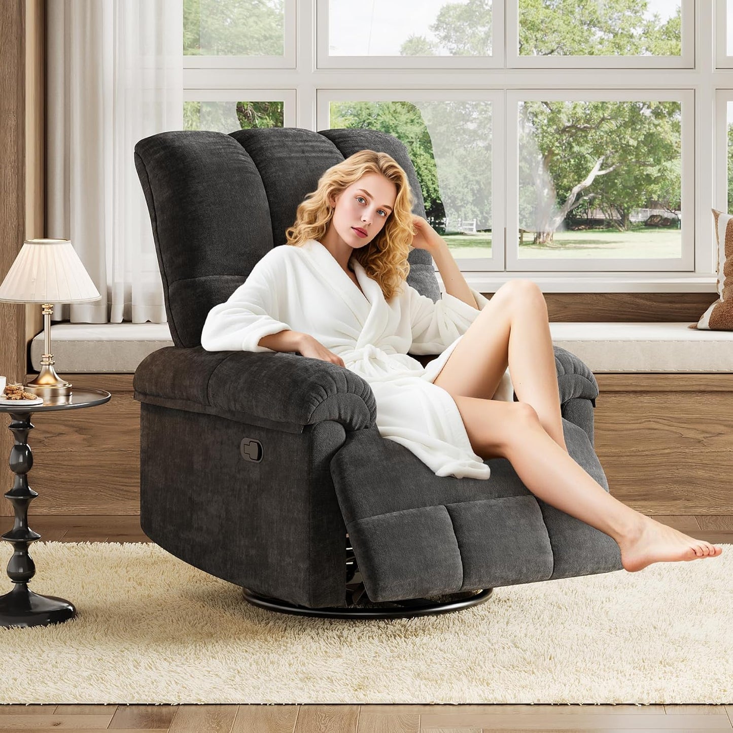 GarveeHome Power Recliner Chair, 270° Swivel Rocking Glider with USB Charging Port, Chenille Upholstered Fabric, Ergonomic Modern Nursery Chair for Living Room, Bedroom, Nursery (Beige)
