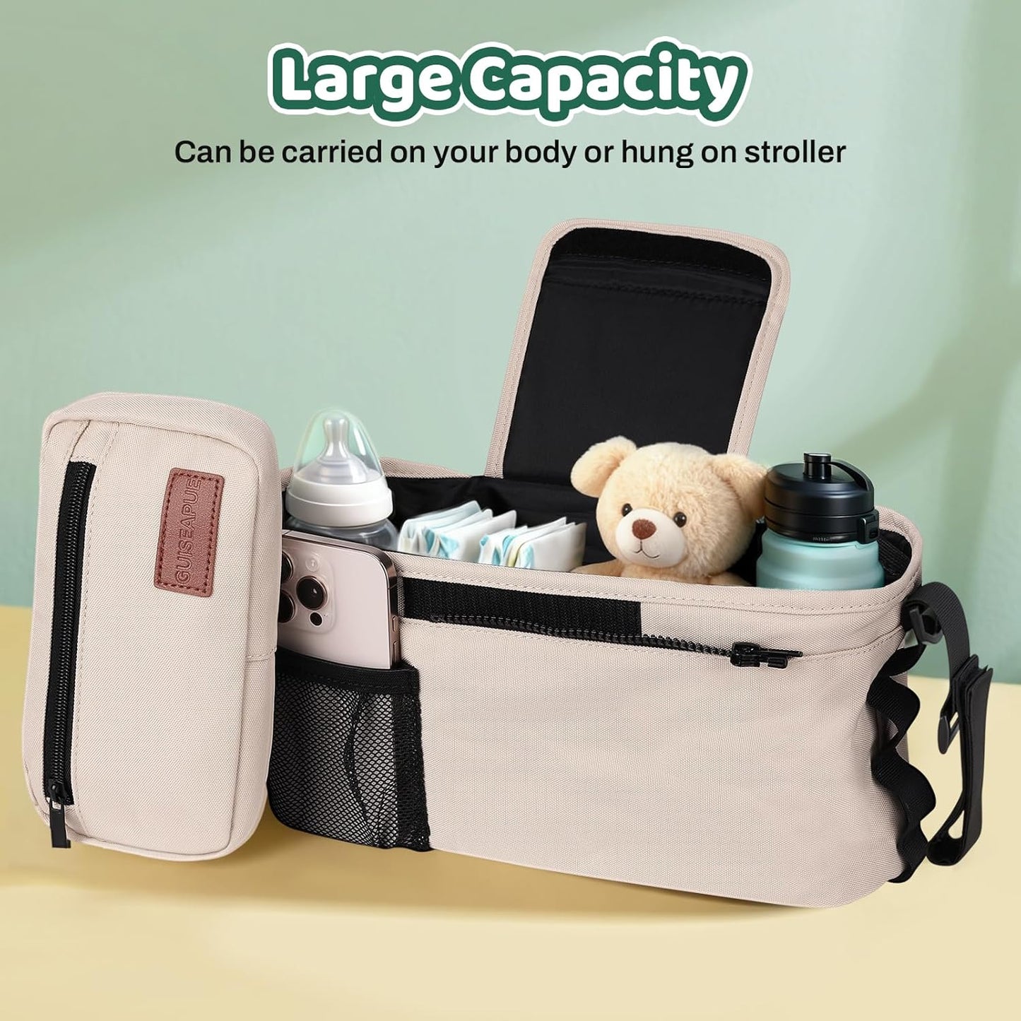 Guiseapue Universal Stroller Organizer with Cup Holder: Stroller Caddy Accessories with Detachable Phone Bag Fit for Uppababy, Non-Slip Straps, Walker Accessories, First Mothers Day Gifts for New Mom
