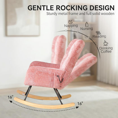 Nursery Rocking Chair Teddy Upholstered Glider Rocker Rocker Accent Chair with High Backrest Armchair Comfy Side Pocket Modern Rocking Accent Chairs for Living Room, Nursery, Office-Green