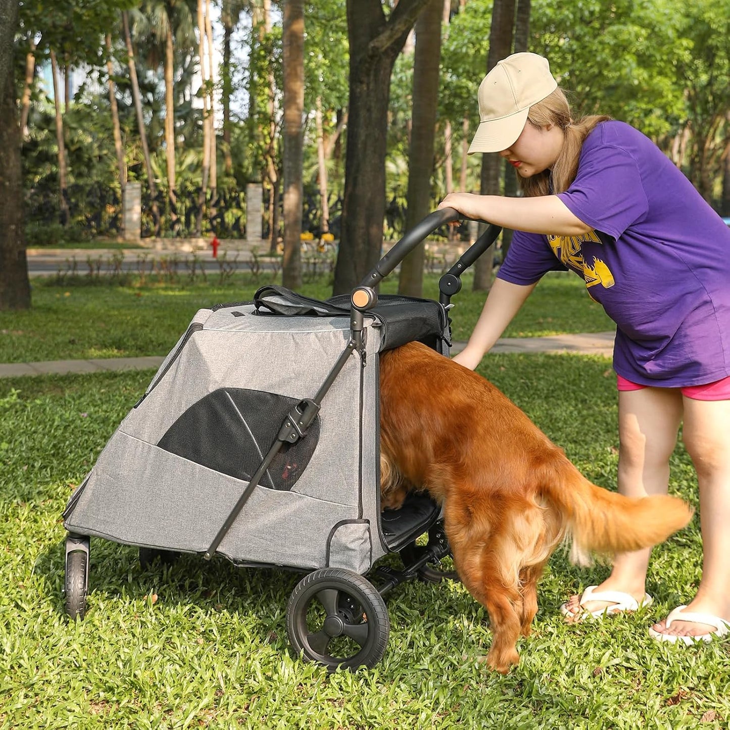 Large Dog Travel Stroller with 4 Heavy Duty Wheels Pet Stroller with Adjustable Handle - Double Doggie Capacity Jogger Wagon with Back Front Door for Small Medium Large Dogs (Dark Light Gray)
