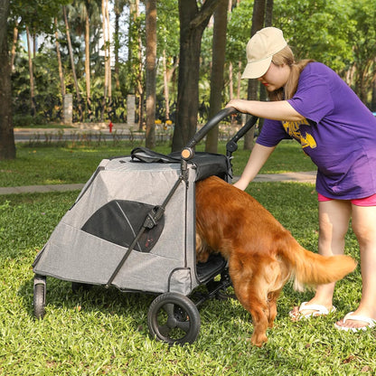 Large Dog Travel Stroller with 4 Heavy Duty Wheels Pet Stroller with Adjustable Handle - Double Doggie Capacity Jogger Wagon with Back Front Door for Small Medium Large Dogs (Dark Light Gray)