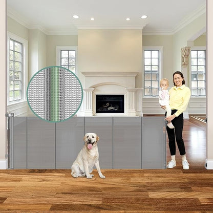 Reinforced 120 Inch Extra Wide Retractable Baby Gate with Support Rods, 33” Tall Retractable Pet Gate for Dogs, Indoor/Outdoor 10 Feet Mesh Child Gates for Wide Openings, Extra Wide Dog gate, Gray