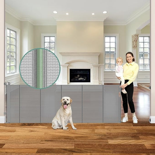 Reinforced 120 Inch Extra Wide Retractable Baby Gate with Support Rods, 33” Tall Retractable Pet Gate for Dogs, Indoor/Outdoor 10 Feet Mesh Child Gates for Wide Openings, Extra Wide Dog gate, Gray