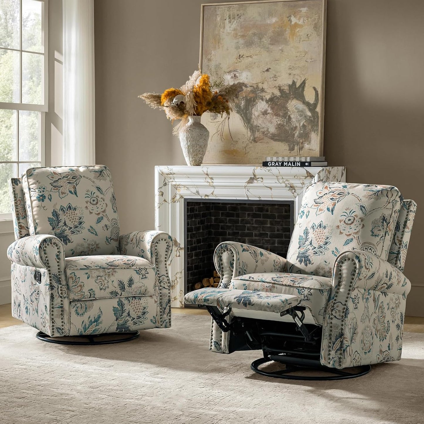 HULALA Home Modern Rocker Recliner, Printed Fabric Swivel Glider with Adjustable Backrest & Footrest, JEACOBEAN