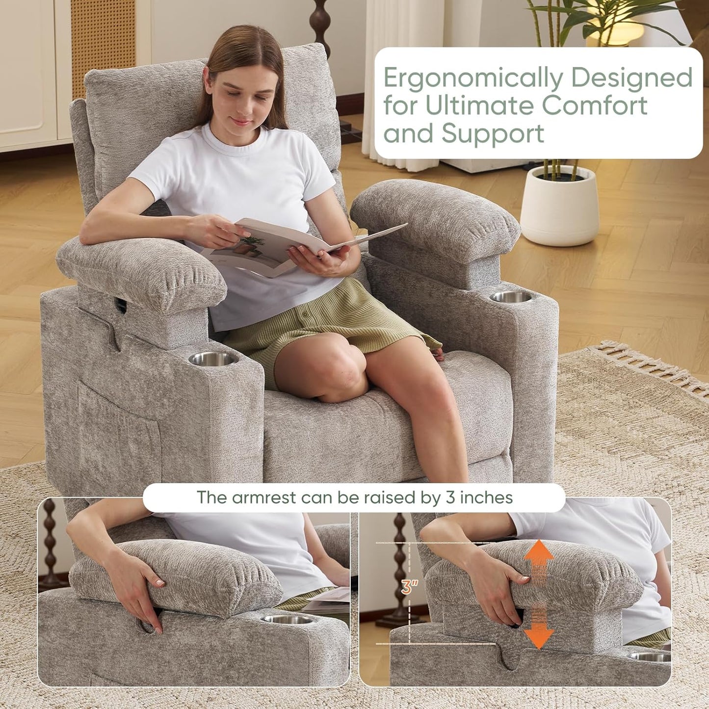 Rocking Chair Nursery with Adjustable Armrest for Breastfeeding, Glider Recliner Nursery Chair with Massage and Heat, Power Swivel Rocker Recliner with Adjustable Headrest, Corduroy, Beige