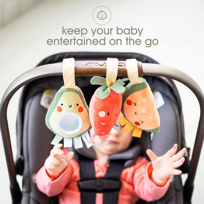 Pearhead Fruit Stroller Toys, Stocking Stuffers for Babies, Newborn Ideas, Plush Interactive Toy Set for Baby Car Seat with Hanging Mirror, Strawberry Avocado Watermelon, Set of 3