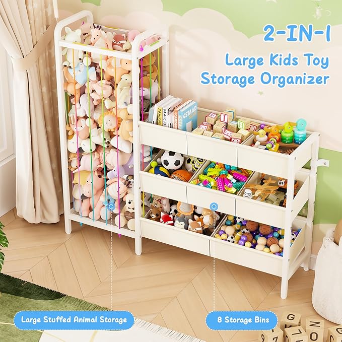 B6 Toy Storage Organizer with Stuffed Animal Storage, 3-Tier Wooden Shelves and 8 Bins, Toy Shelf Organizer, Kids Bookshelf and Toy Storage for Kids Room, Bedroom, Playroom, Nursery, White