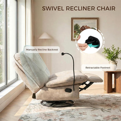 Swivel Rocker Recliner Chair for Adult, Glider Nursery Rocking Chair, Armless Manual Single Recliner Sofa for Living Room, Oversized & Overstuffed, Phone Holder Included, Light Brown Velvet
