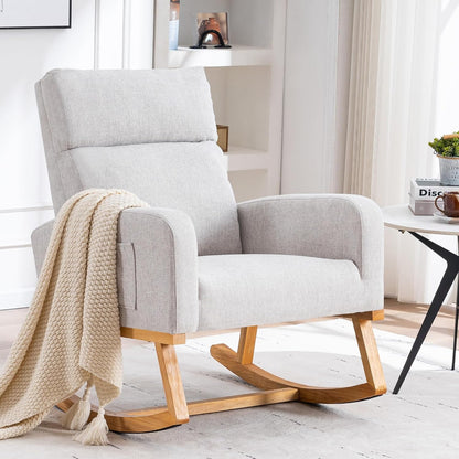 Rocking Chair Nursery, Upholstered Nursing Rocker Chair for Mom with High Backrest and Side Pockets for Bedroom Living Room, Beige