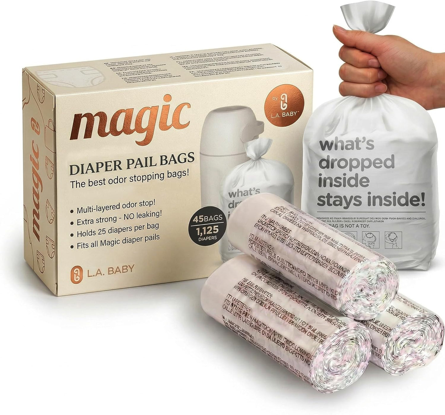L.A. Baby Magic Diaper Bags - Diaper Pail Refill Bags 45 Count - Multi-Layer 100% Odor-Free Disposable Diaper Bag - Holds 1125 Diapers - Extra Strong No Leak
