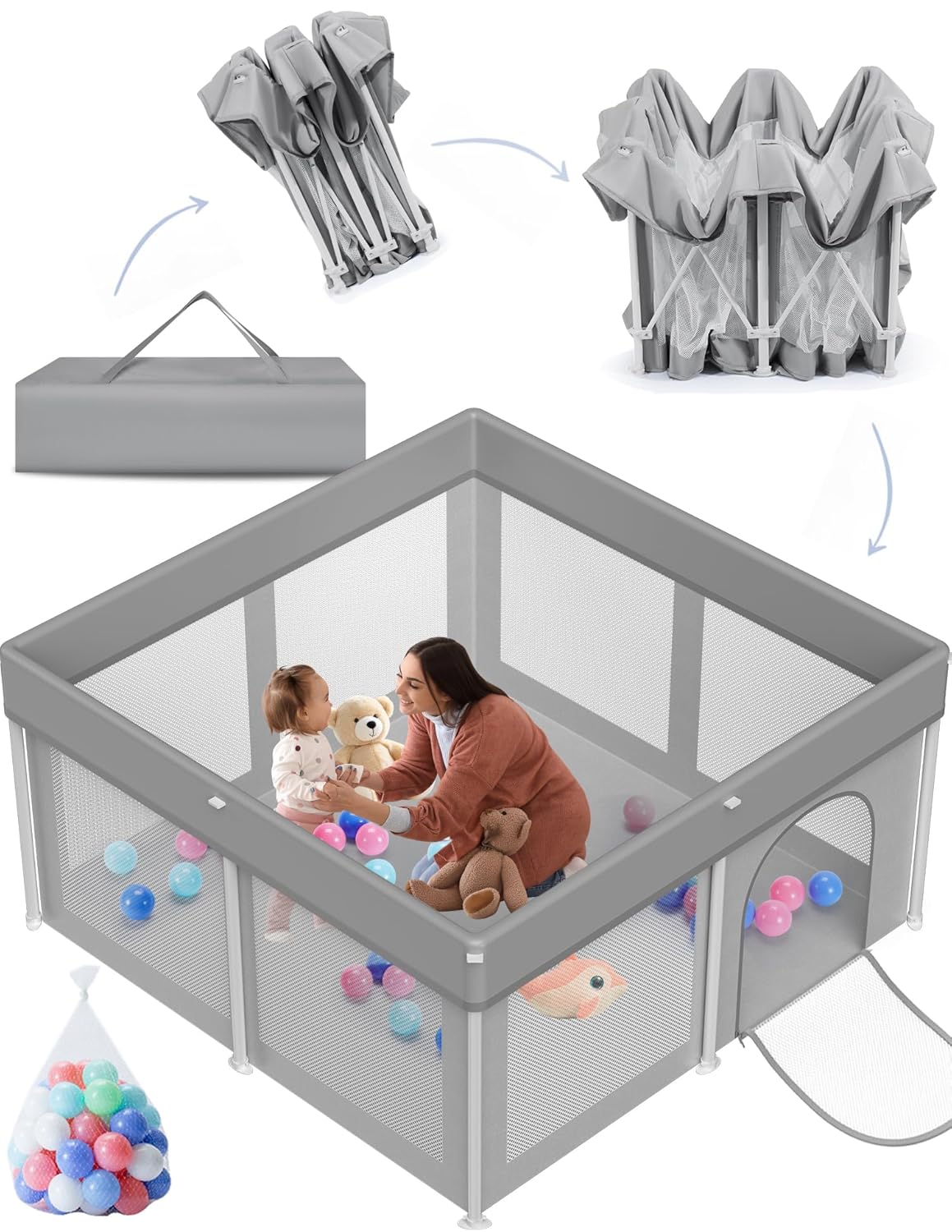Foldable Baby Playpen 50"×50", Playard for Babies and Toddlers, Portable Safety Baby Fence Lightweight,No Installation, Indoor & Outdoor Playpen with Ocean Balls*50, Grey