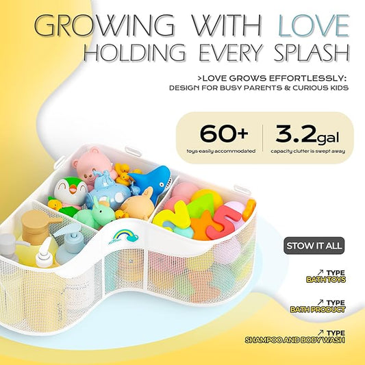 Austion 3-Compartment Corner Bath Toy Storage Organizer for Tub - Wide-Opening Mesh Kids Bath Toy Holder with Easy Sorting & Storage, Quick-Drying Machine-Washable Bathroom Organizer for Tidy Bathtub