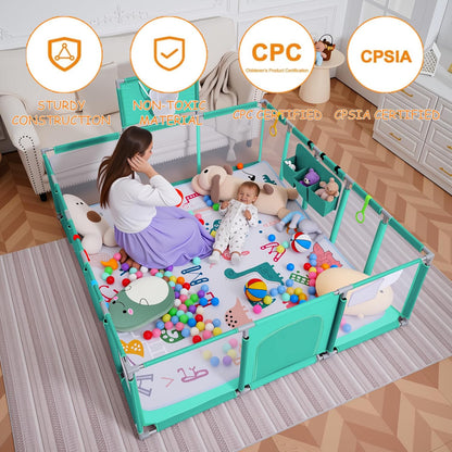 Baby playpen, 79"x71"Baby Playpen with Mat Indoor＆Outdoor Playpen for Babies and Toddlers with Breathable Play Pen with Ocean Balls Hanging Pocket Basketball Hoop (Gray)