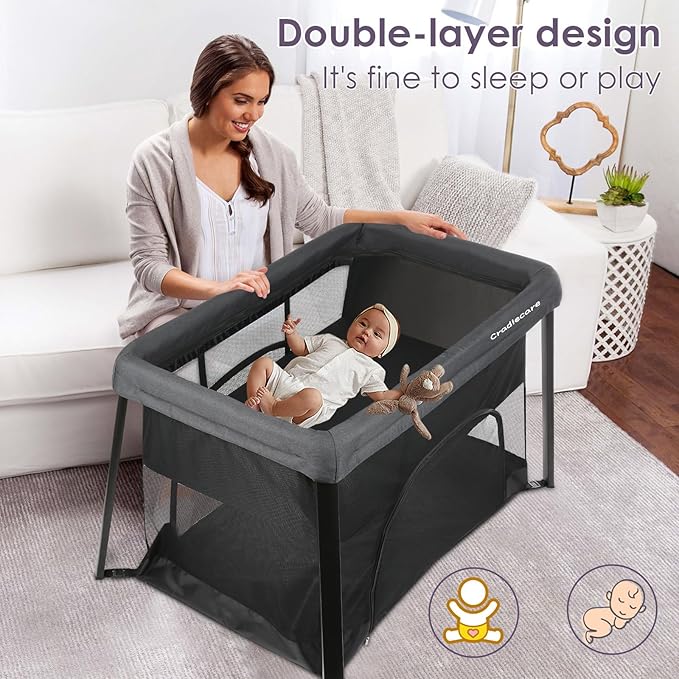 Pack and Play with Bassinet & Mattress, Lightweight Portable Baby Bed, Foldable Travel Bassinet Playard with Storage Bag, Easy Setup Playpen for Babies & Toddlers (Black)