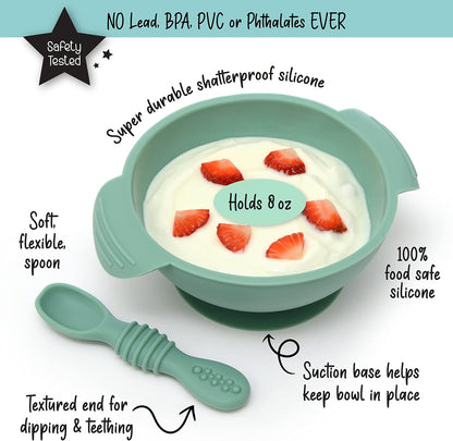 PrimaStella Unbreakable Silicone Non-Slip Bowl and Chew Spoon Set for Babies and Toddlers (Rainbow Swirl)