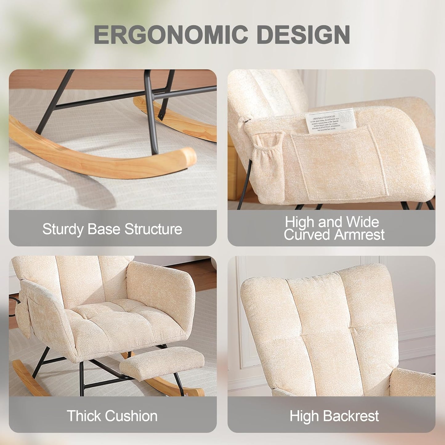 Rocking Chair Nursery with Airbag, Comfy Modern Nursery Rocking Reading Chair indoor with Footrest, Cozy Upholstered Glider Rocker Chairs for Living Room Bedroom Offices(Chenille, Dark Grey)