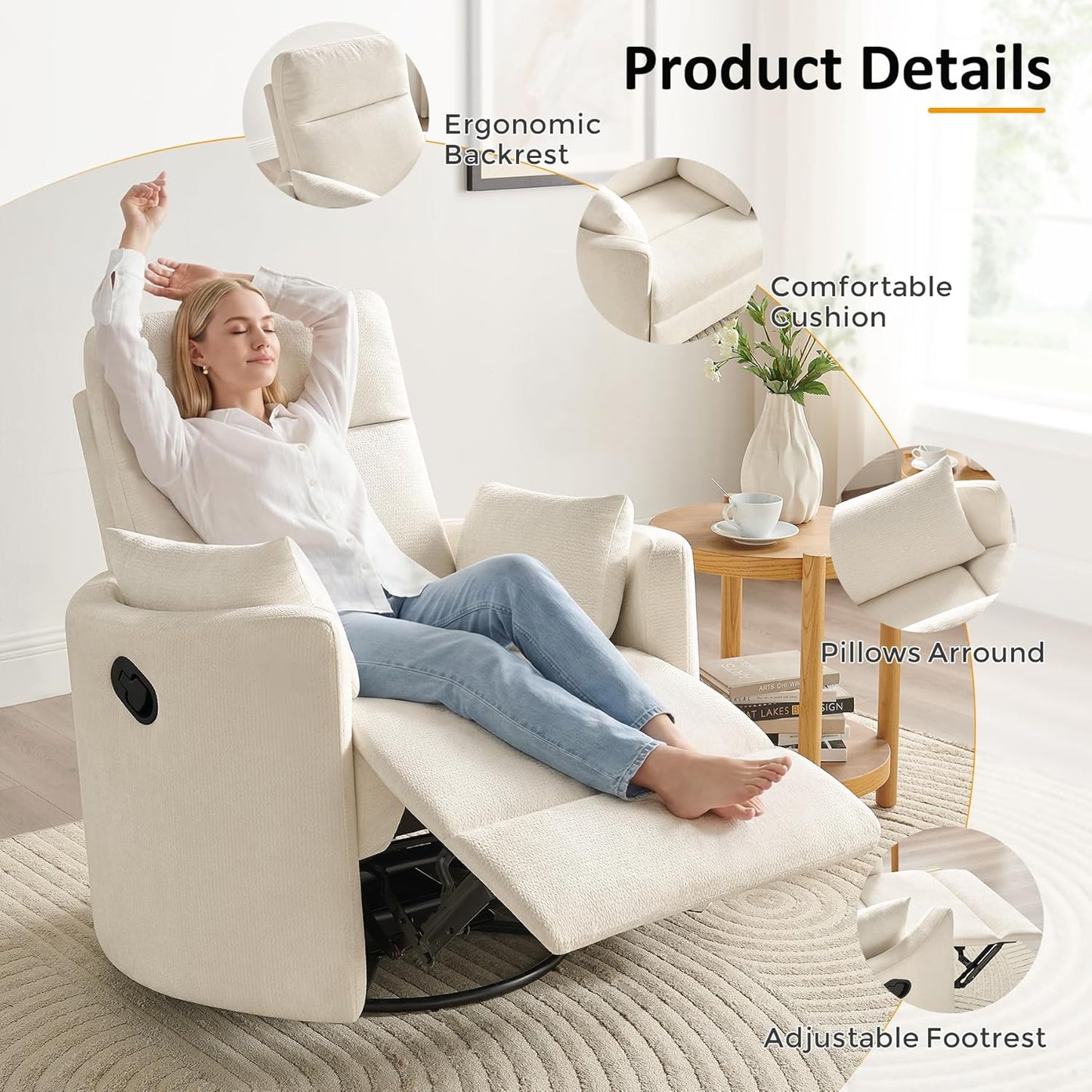 Nursery Rocking Chair, Oversized 360° Swivel Glider Recliner Chair, Upholstered Nursery Rocker with 2 Pillows and Footrest, Cozy Reclining Sofa for Living Room, Bedroom, Nursing, Olive