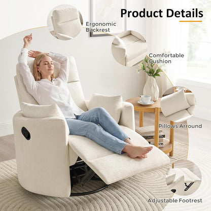 Nursery Rocking Chair, Oversized 360° Swivel Glider Recliner Chair, Upholstered Nursery Rocker with 2 Pillows and Footrest, Cozy Reclining Sofa for Living Room, Bedroom, Nursing, Olive