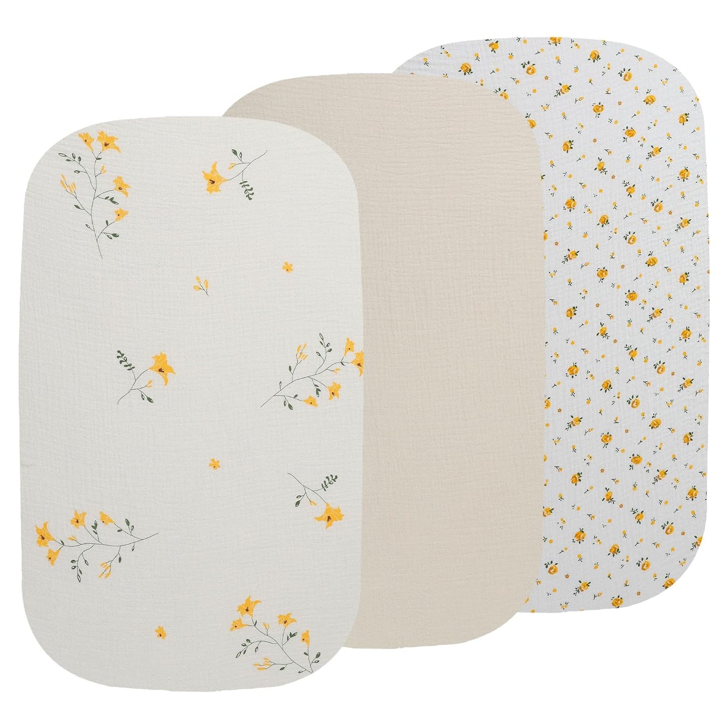 Onacosht Muslin Bassinet Sheets 3 Pack, 100% Cotton Baby Fitted Sheet 33" x 19" Compatible with Mika Micky, KoolaBaby (3 in 1), BabyBond, HARPPA and RICUTON Bedside Bassinet, Green, Floral and Cactus
