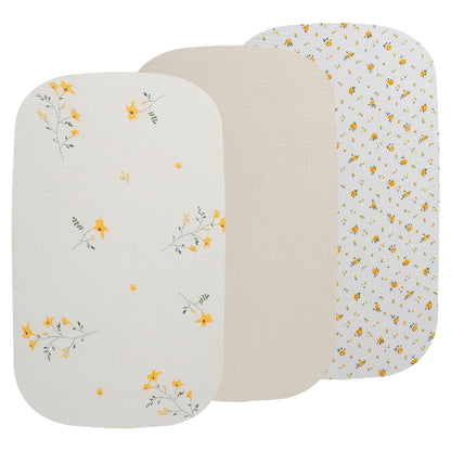 Onacosht Muslin Bassinet Sheets 3 Pack, 100% Cotton Baby Fitted Sheet 33" x 19" Compatible with Mika Micky, KoolaBaby (3 in 1), BabyBond, HARPPA and RICUTON Bedside Bassinet, Green, Floral and Cactus