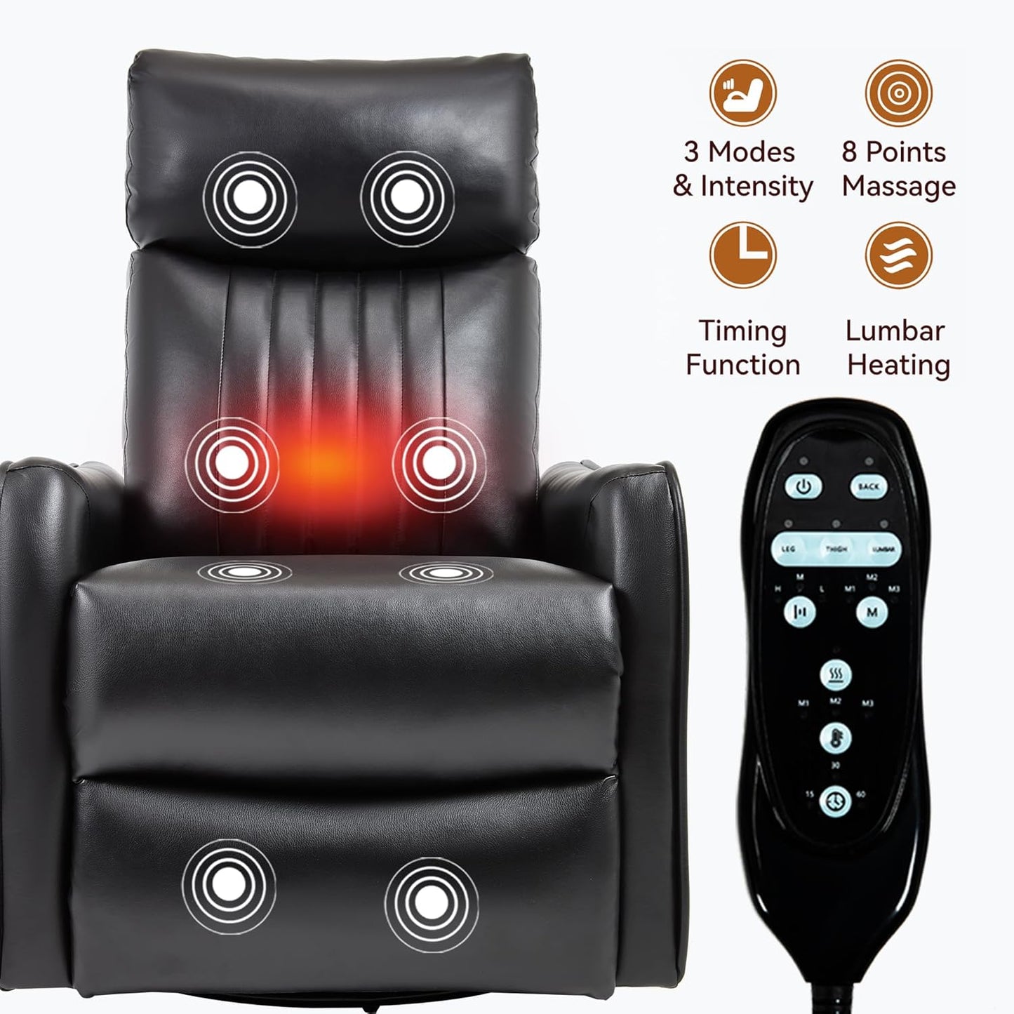 Swivel Rocker Recliner Chair for Adults, Nursery Rocking Chair with Heat and Massage, Glider Reclining Chair for Small Space Living Room Bedroom, Faux Leather Black