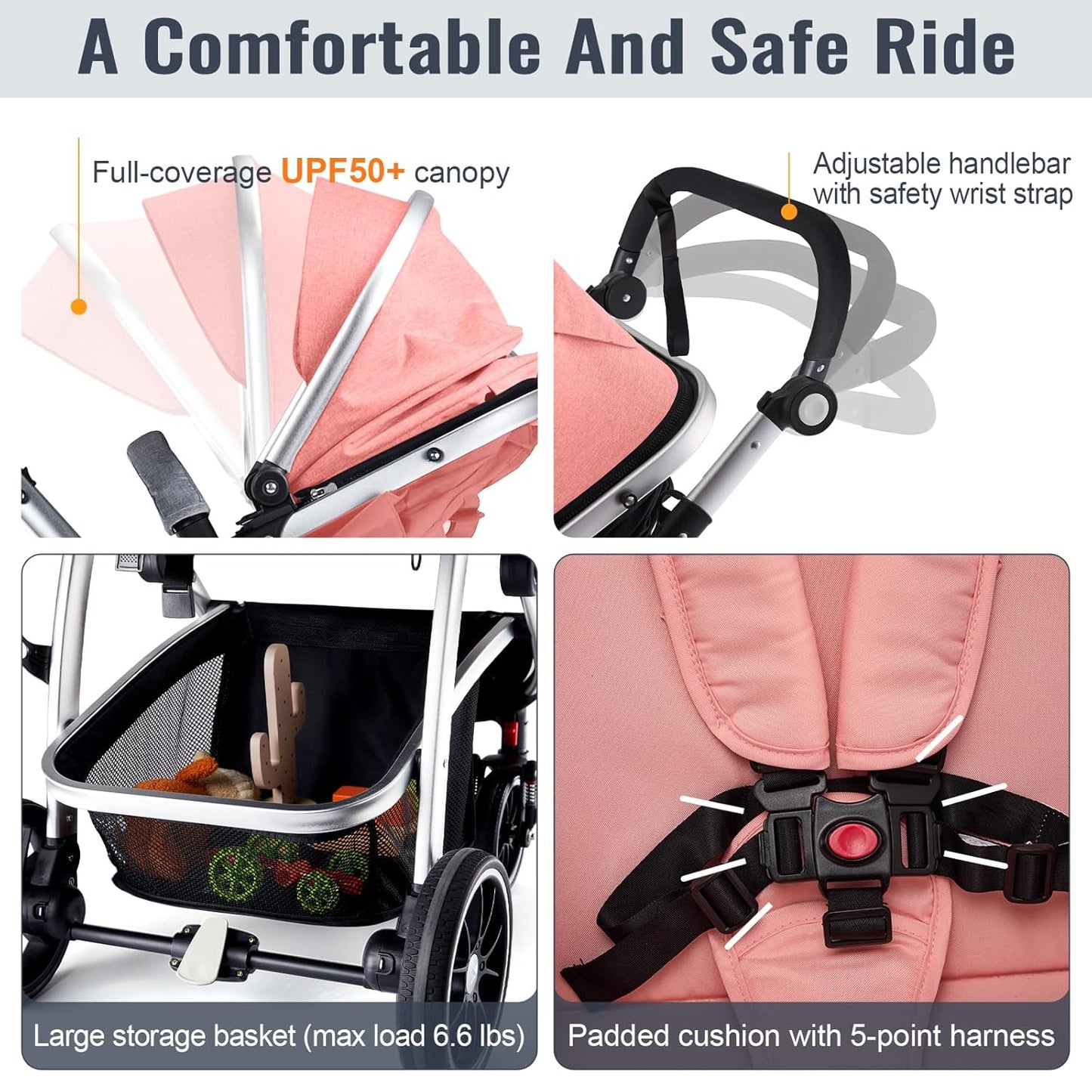 Baby Stroller, 2-in-1 Reversible Toddler Seat with Lie-Flat Mode, Foldable Infant Stroller with Canopy, One Button Brake, Adjustable Handle, Newborn Pushchair (Black B)