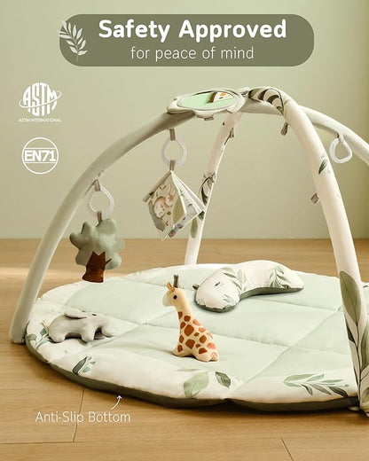 Fortella Baby Play Gym & Activity Mat, Machine Washable & Foldable Tummy Time Mat with 5 Detachable Toys, Certified Safe Newborn Essentials Gift for Baby Registry 0-12 Months (Sage Green)